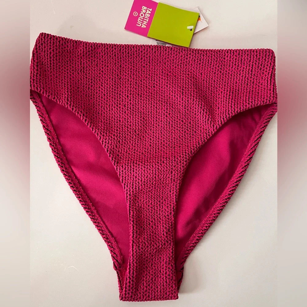 NWT High Waisted French Cut Ribbed Pink & Black Bikini Bottom - Picture 1 of 6